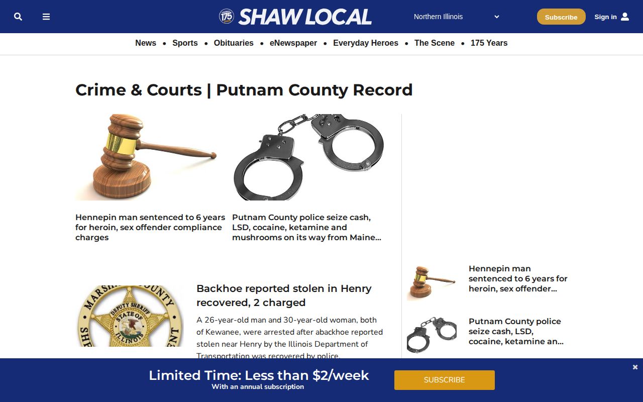Shaw Local Putnam County Record Crime and Courts archive with courthouse and law-enforcement imagery