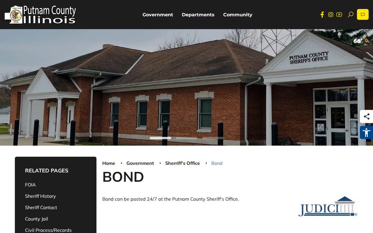 Putnam County Sheriff bond page showing round-the-clock bond posting information
