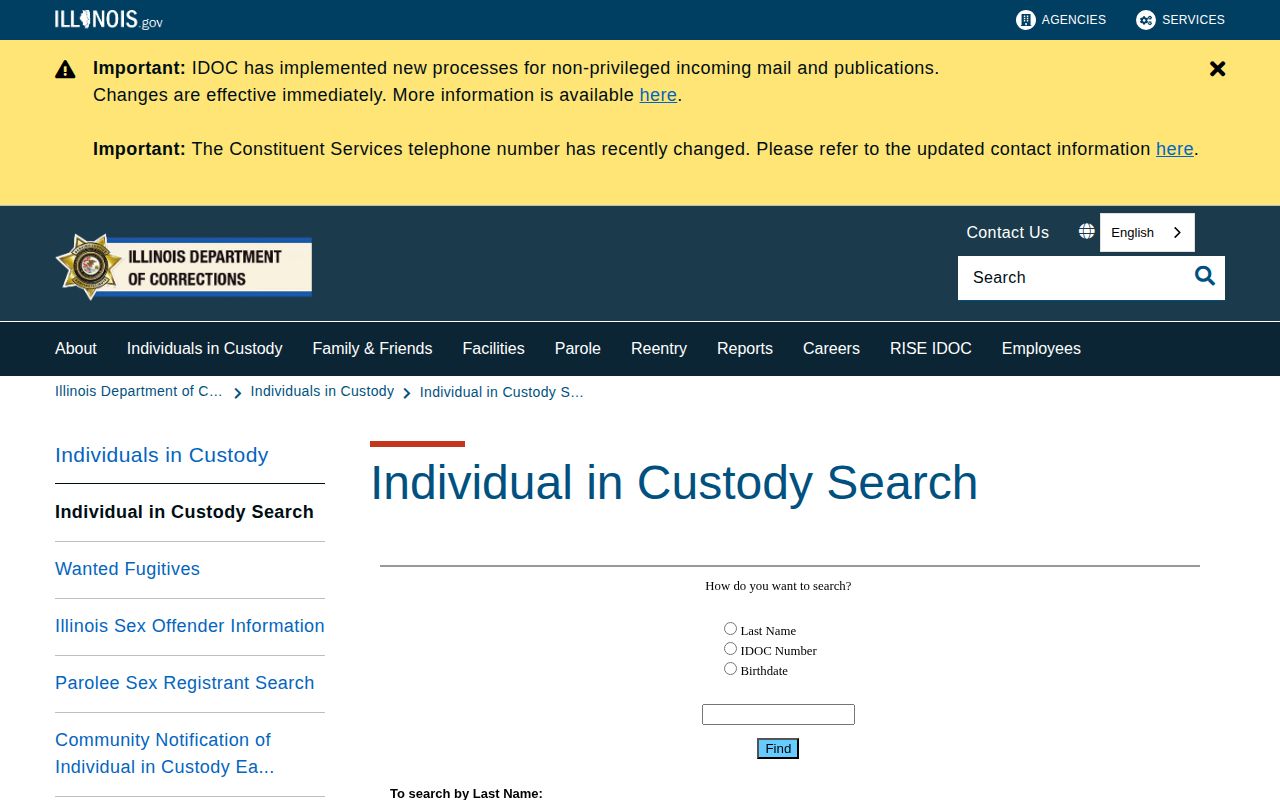 Illinois Department of Corrections current offender search for state custody records
