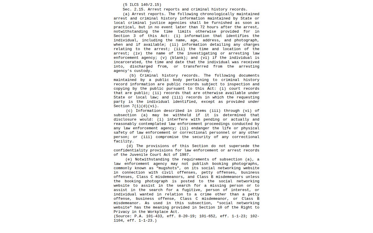 Illinois FOIA section 2.15 source for Putnam County arrest information and photos