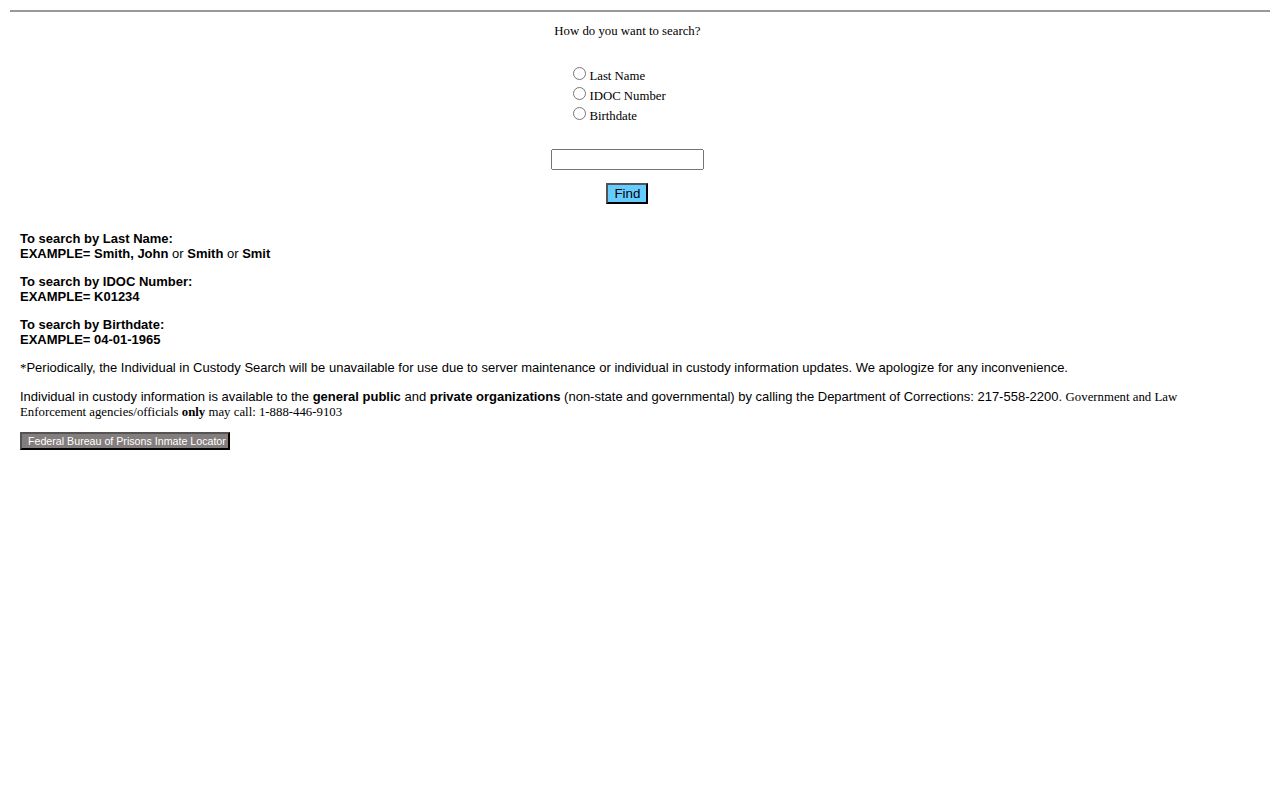 Illinois Department of Corrections legacy search for name, IDOC number, and birthdate